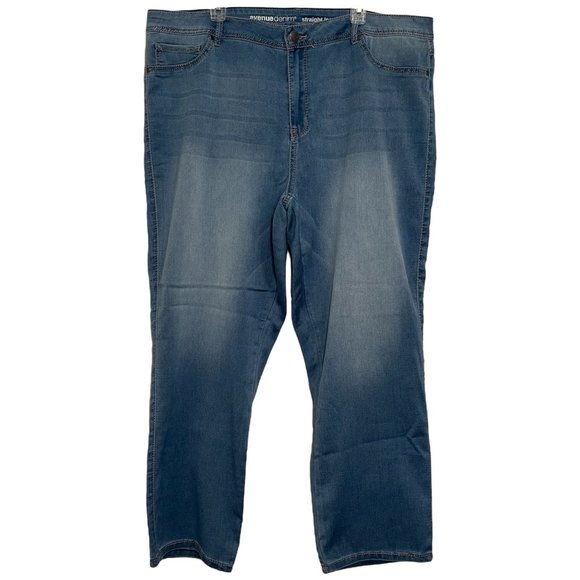 Avenue Denim - AVENUE Women's Straight Leg Medium Stone Wash Blue Faded Jeans Denim Plus 22 Avg